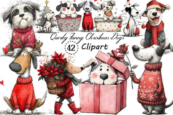 Quirky Funny Christmas Dogs Clipart & Illustrations