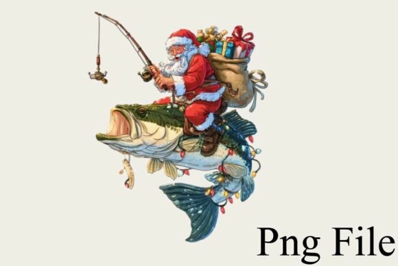 Santa Claus Riding Fish Christmas PNG Illustrations